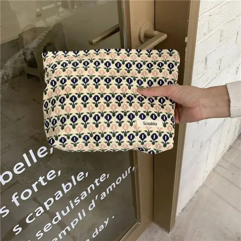 Cosmetic Bag Women Floral Makeup Case Organizer Korean Embroidery Cosmetic Pouch Travel Toiletry Bag Corduroy Canvas Beauty Case