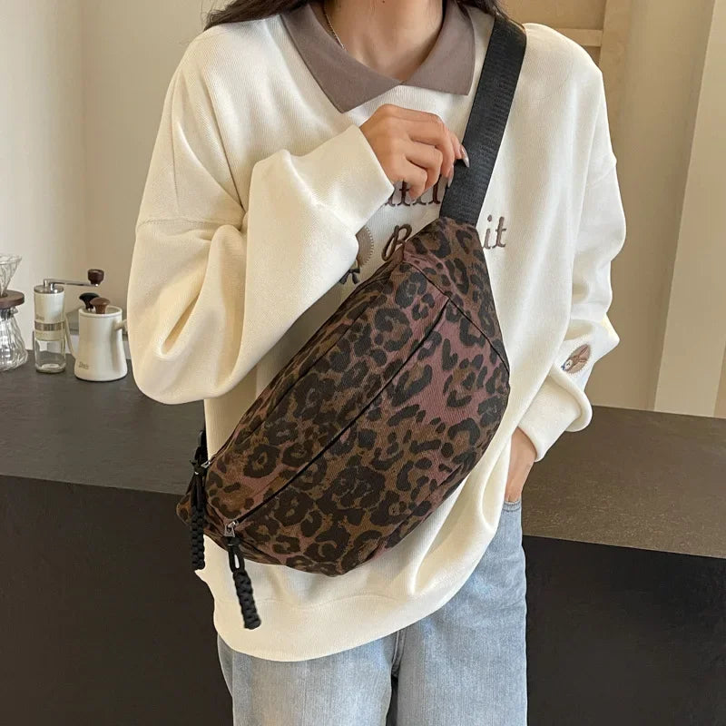 Leopard Print Canvas Crossbody Bag - Large Capacity Fanny Pack