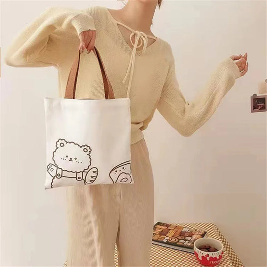 Cute Bear Canvas Tote Bag - Women's Cotton Shoulder & Shopping Bag