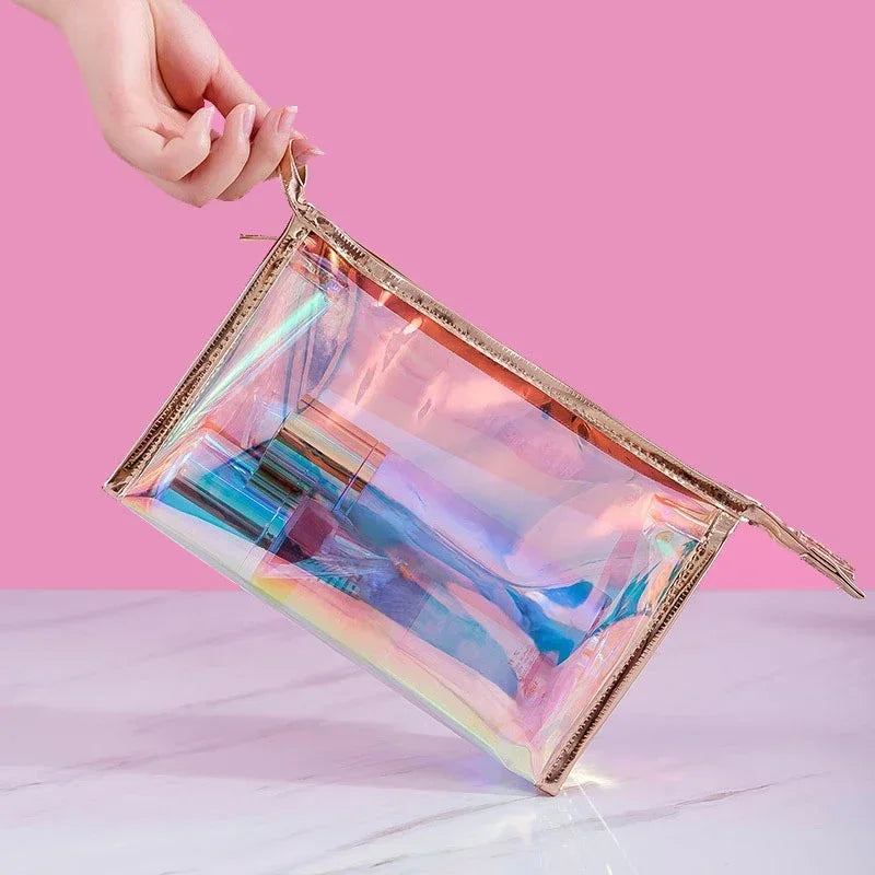 PVC Waterproof Transparent Cosmetic Bag Wash Toiletry Makeup Bag Organizer Female Girls Laser Color Zipper Make Up Beauty Case