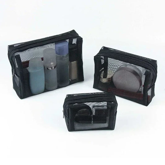 Transparent Mesh Zipper Cosmetic Bag Black Toiletry Makeup Pouch