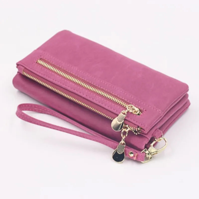 Large Capacity Women's Dull Polish Leather Wallet Double Zipper Clutch Wristlet Purse Phone Coin Card Holder Multi-pocket Wallet