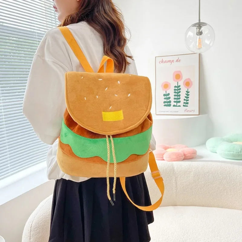 Large Capacity Plush Backpacks Lovely Cartoon Hamburger Backpack Drawstring School Bag Travel Backpack for Students