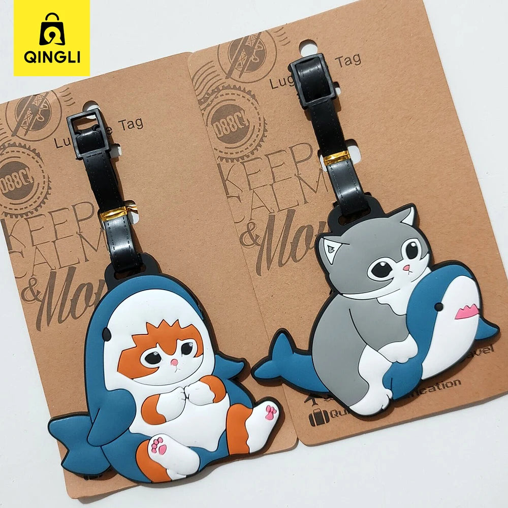 New Cute Shark Cat Luggage Tag Cartoon Anime PVC Bus Card Holder Cover Portable Travel Suitcase Label Anti-lost Address Card Tag