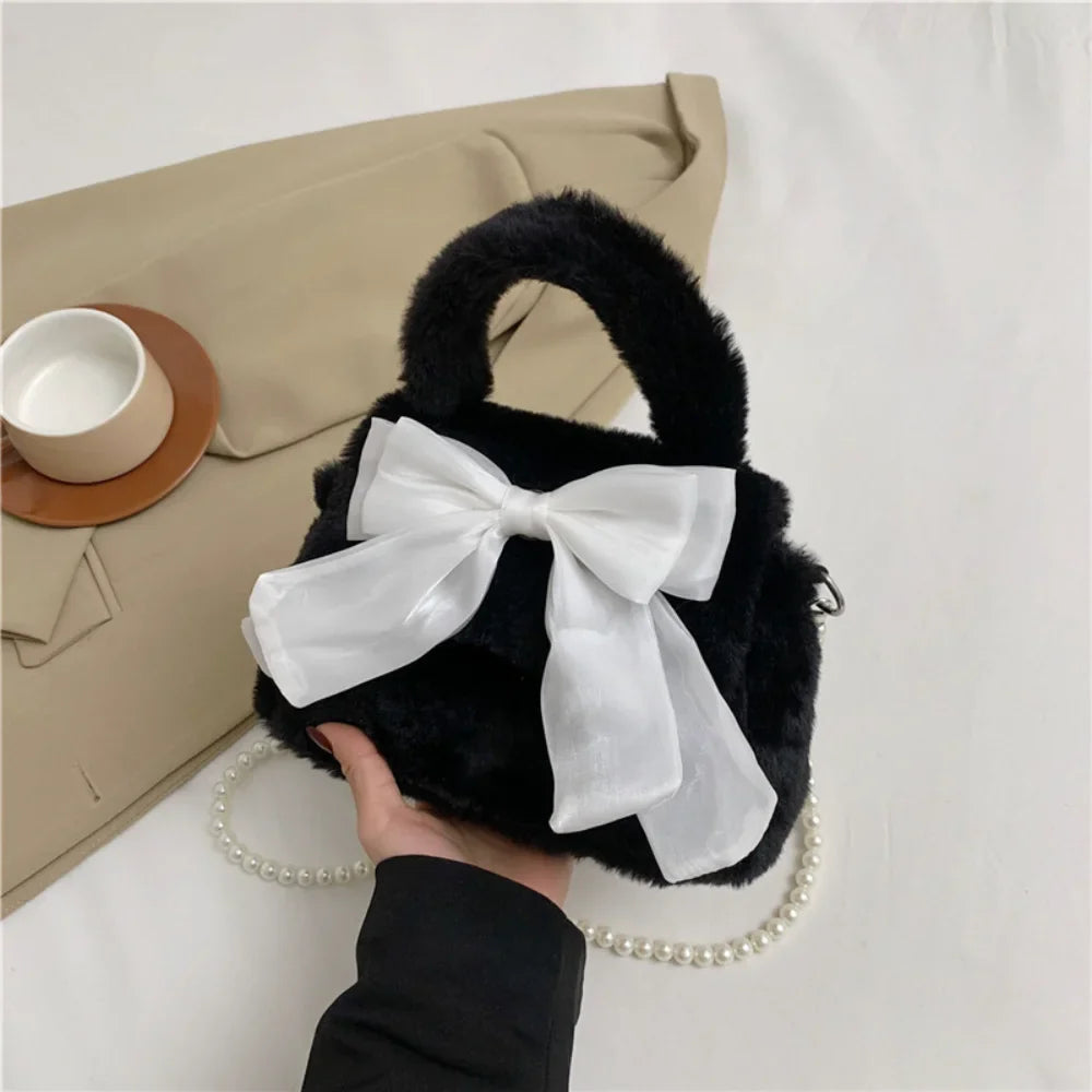 Cute Bowknot Plush Crossbody Bag with Pearl Chain - Women's Furry Winter Handbag