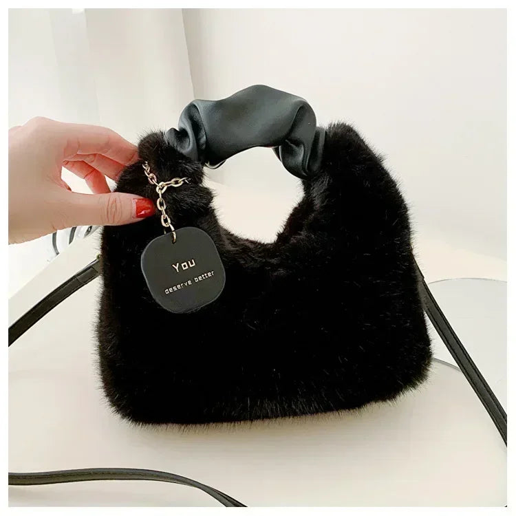 Women Faux Fur Plush Handbags Ruched Handle Small Lady Shoulder Crossbody Bag Casual Tote Half-Moon Hobos Winter Bags for Women