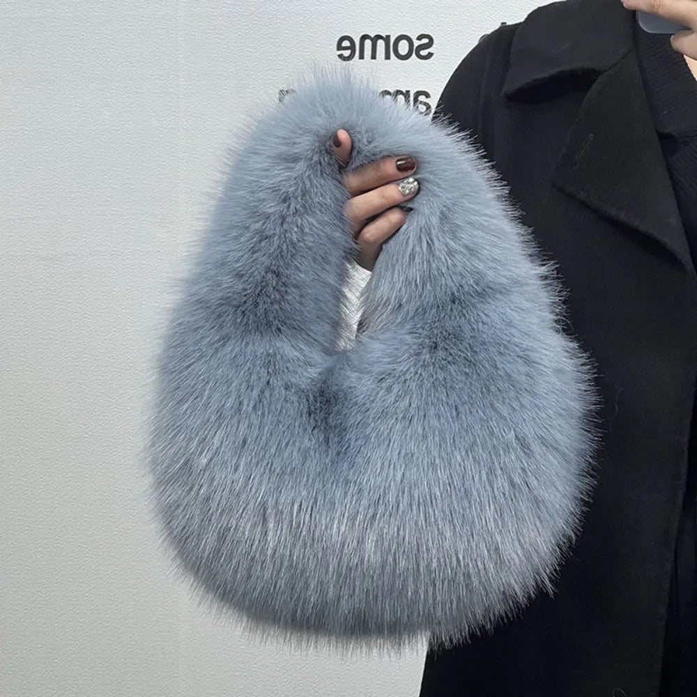 Faux Fur Fluffy Half Moon Clutch Bag Winter Handbag