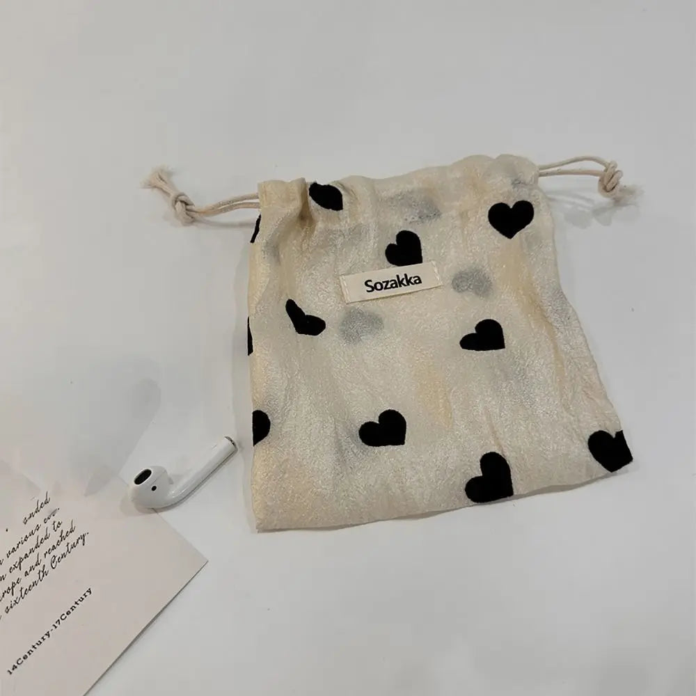 Love Drawstring Bag Polyester Pastoral Literary Style Pull Rope Pouch Coin Purse Vintage Drawstring Pocket Jewelry Storage Bag