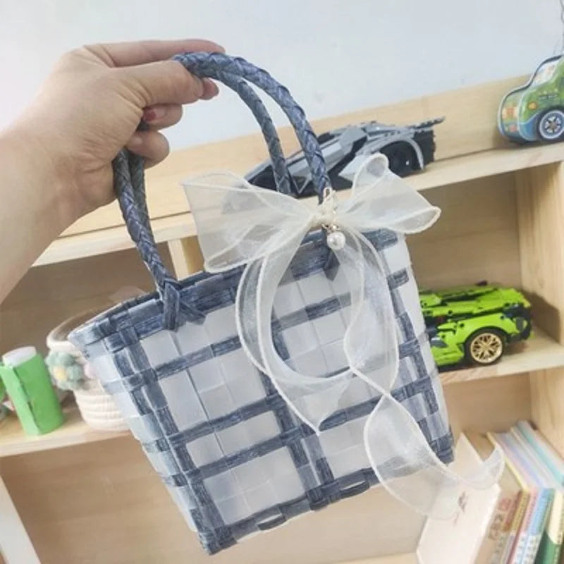 Transparent Hand-woven Jelly Bag Reusable Gift Basket Mini Purse Beach Bag with Bowknot Tulle