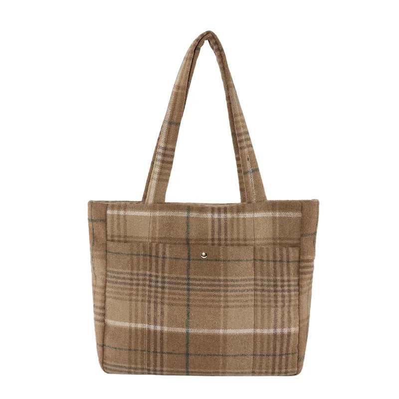 Vintage Canvas Plaid Shoulder Bag Large Capacity Women's Tote