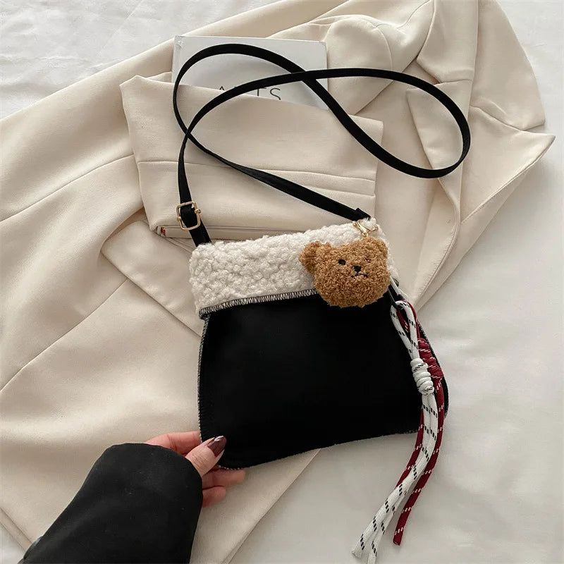 Cute Plush Crossbody Bag with Teddy Bear Pendant