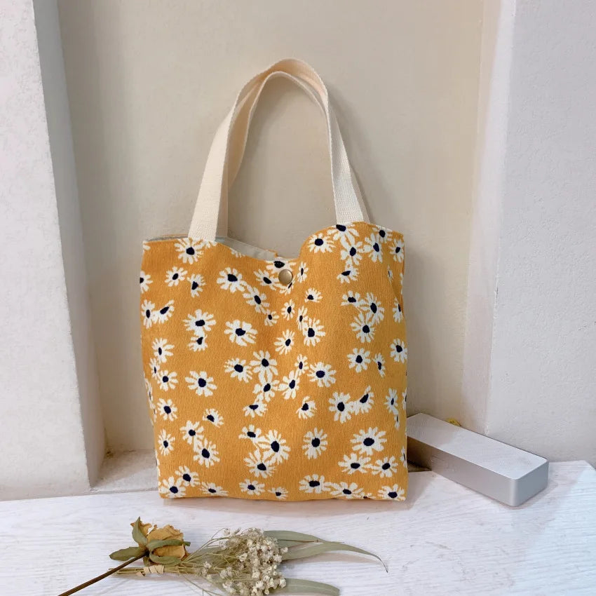 Retro Corduroy Floral Tote Bag