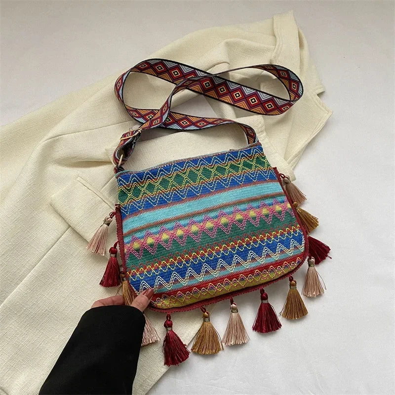 Vintage Women's Bag Tassel Ethnic Handwoven Crossbody for Lady Bag Hippie Sling Shoulder Bags for Ladies Handbag Сумка Женская