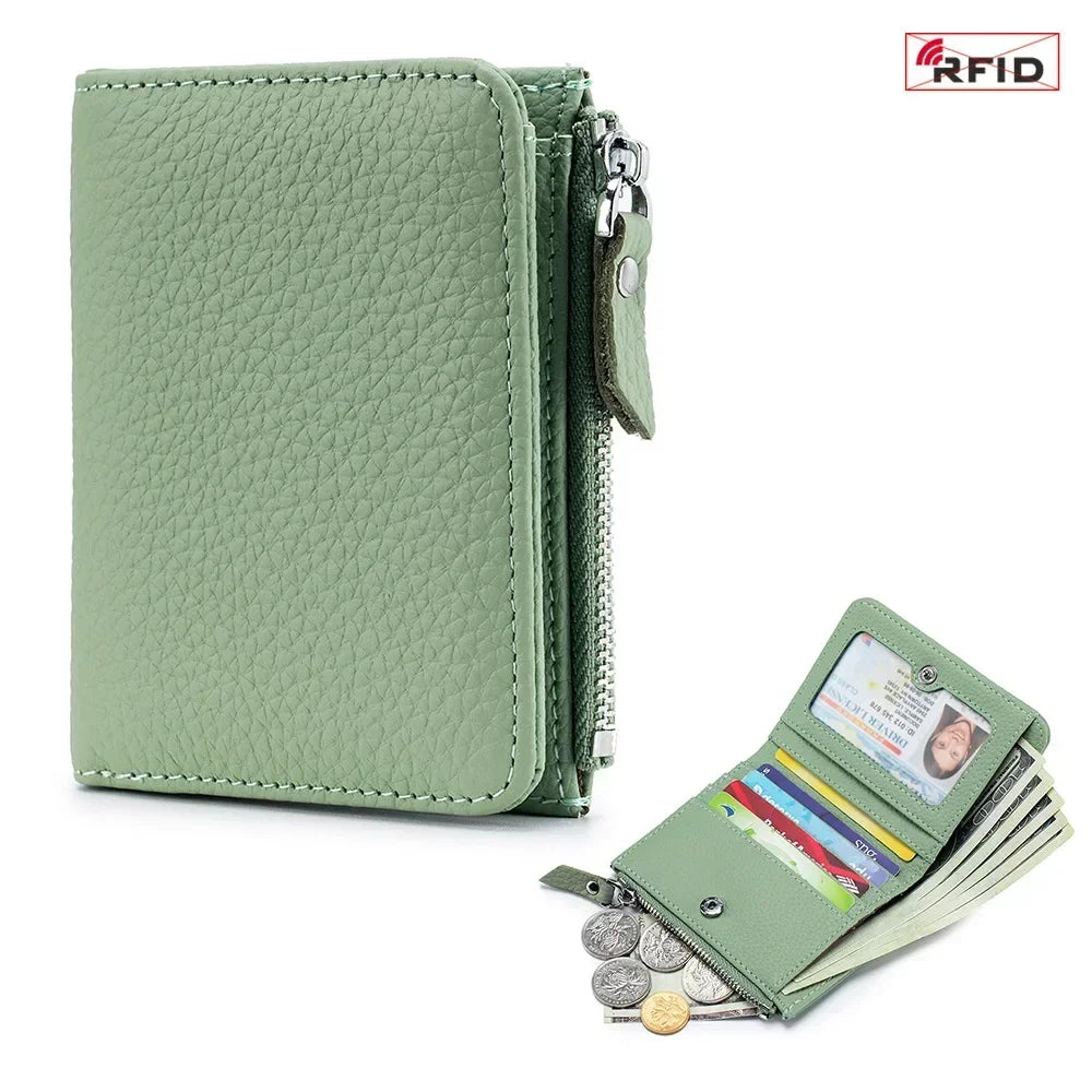 Genuine Leather RFID Short Wallets Card Holder Bag Portable Cowhide Small Zipper Money Coin Purse for Men Women Earphone Pouch