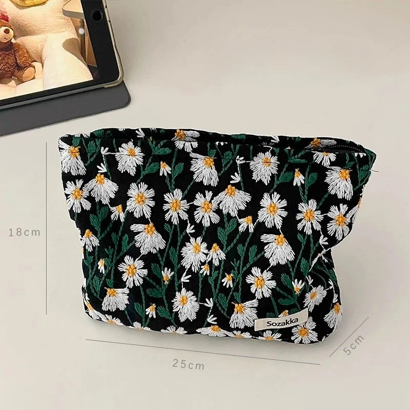 Cosmetic Bag Women Floral Makeup Case Organizer Korean Embroidery Cosmetic Pouch Travel Toiletry Bag Corduroy Canvas Beauty Case