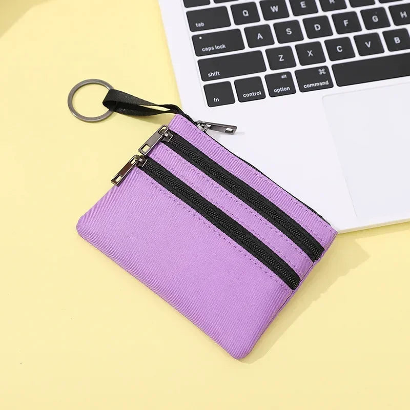 3 Zippers Canvas Coin Purse Women's Mini Wallet Solid Change Purses With Keychain Money Bags Coin Key Storage Bag Card Holder