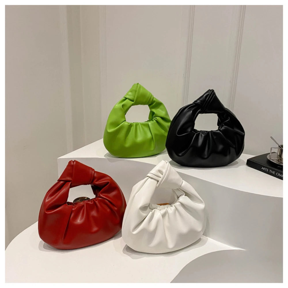 Women Pleated Clutch Bag Solid Color PU Leather Knot Wrist Bag Top Handle Handbag Fashion Simple Ladies Ruched Phone Pouch Purse