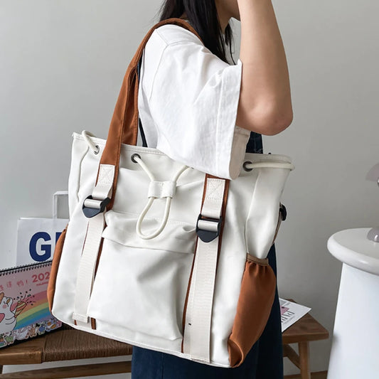 Splash Proof Nylon Fabric Shoulder Crossbody Bags for Women Multi-pocket Drawstring Tote Bag Large Capacity Student Book Handbag