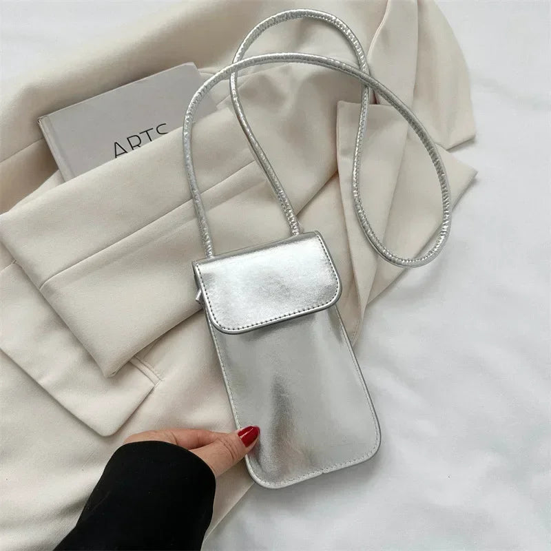 Fashion Shoulder Crossbody Bag for Women Silver Gold PU Leather Mini Portable Lipstick Messenger Bag Mobile Phone Bag Wallets