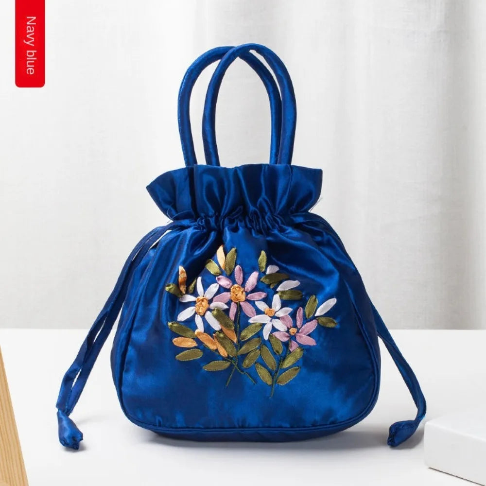 Mini Embroidered Flower Pattern Drawstring Bag Small Women Bucket Bag Top Handle Ladies Handbag Phone Bag Summer Purse