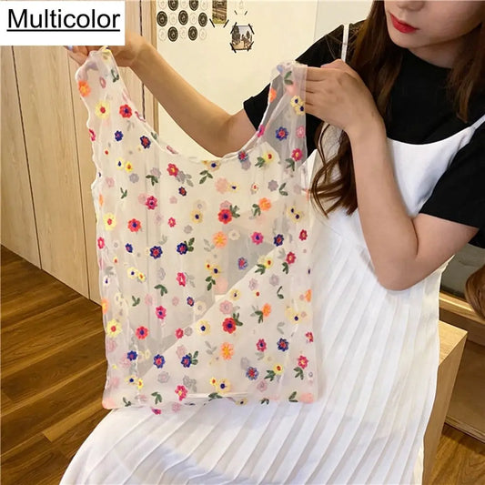 Women's Transparent Flower Embroidery Mesh Tote Bag