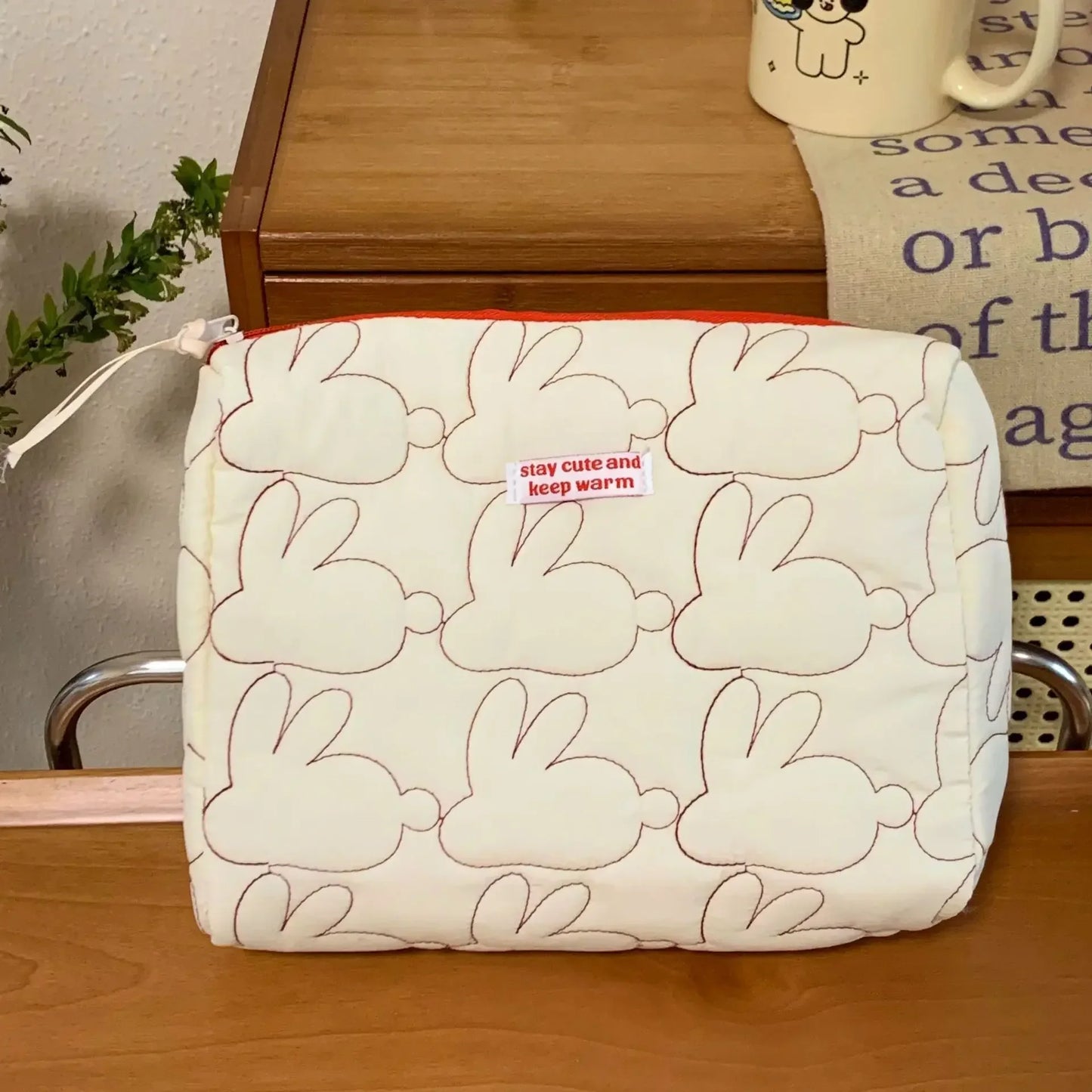 Ins Large Capacity Zipper Makeup Bags Rabbit Quilted Cotton Cosmetic Cases Cute Travel Storage Pouch Organizer for Women Handbag