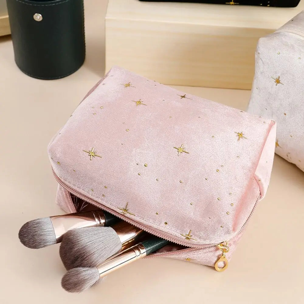 High Quality Portable Cosmetic Bag Soft Velvet Hot Stamping Star Pattern Make Up Storage Bag with Zipper Beauty Case Pouch