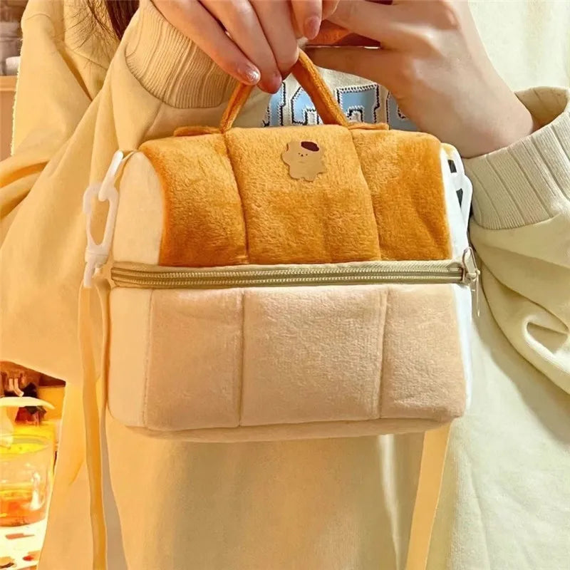 Cute Toast Cosmetic Bag Large Capacity Travel Portable Handheld Make Up Organizer Storage Case Double Zipper Plush Wash Pouch