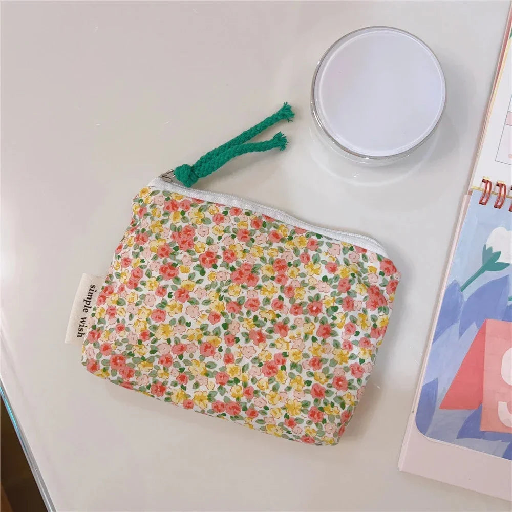 Fresh Pink Floral Cotton Cosmetic Bag Cute Mini Makeup Case for Lipstick Coin Purse card case and Earphone Storage