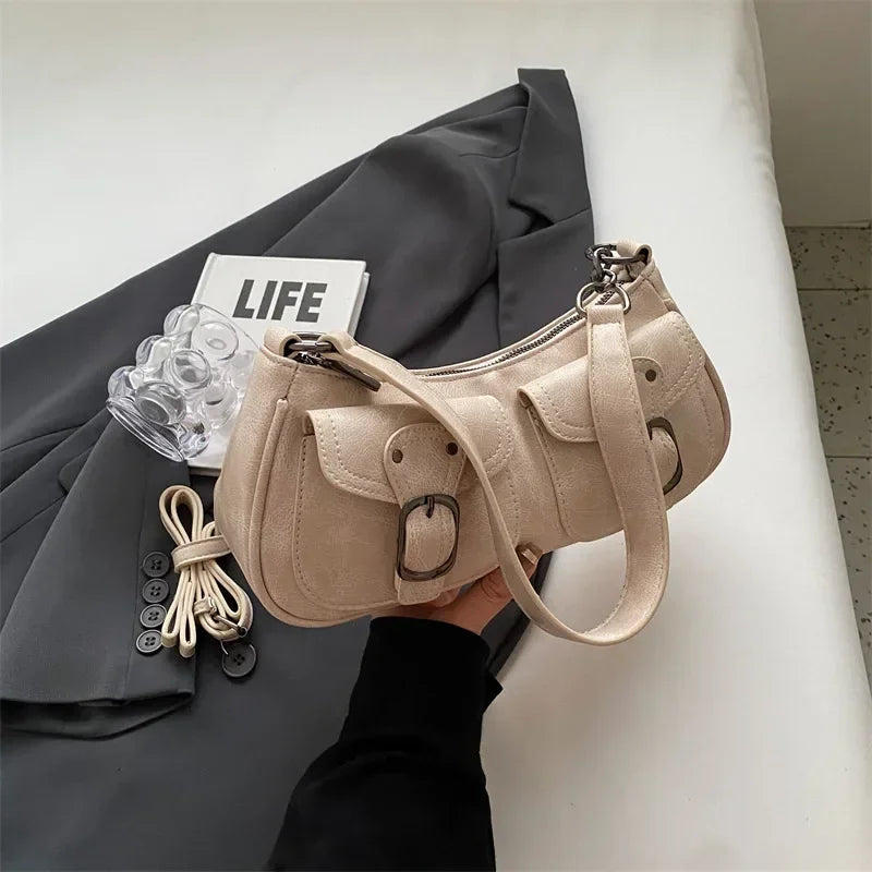 PU Leather Double Pocket Shoulder Bag Crossbody Handbag