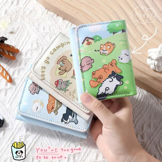 PU Leather Money Coin Purse 3 Folds INS Style Credit Card Holoder Cute Kitten Dog Card Wallets Money Bag Girls Students Gift