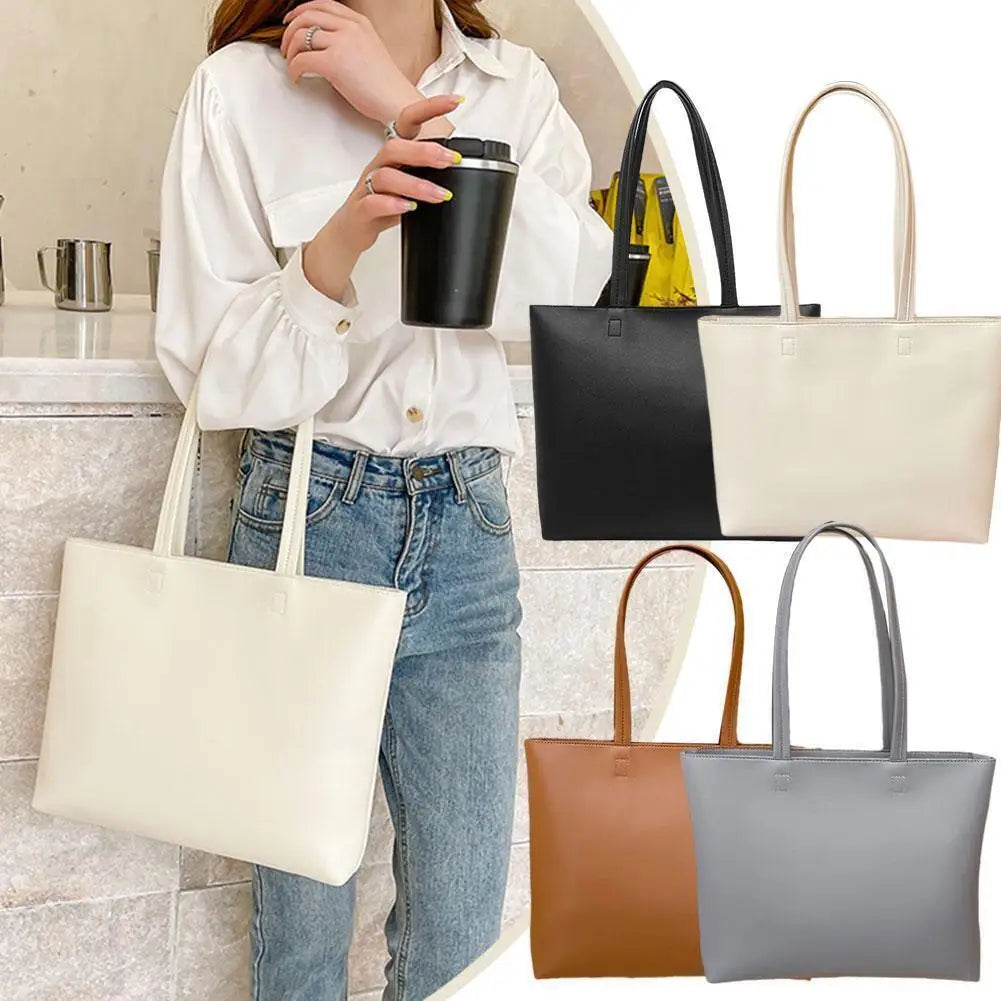 Women's Large Capacity PU Leather Tote Bag - Simple Casual Shoulder Bag