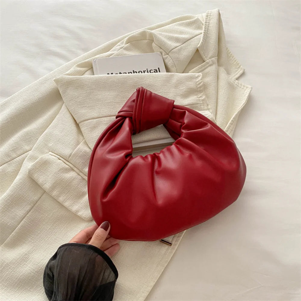 Women Pleated Clutch Bag Solid Color PU Leather Knot Wrist Bag Top Handle Handbag Fashion Simple Ladies Ruched Phone Pouch Purse