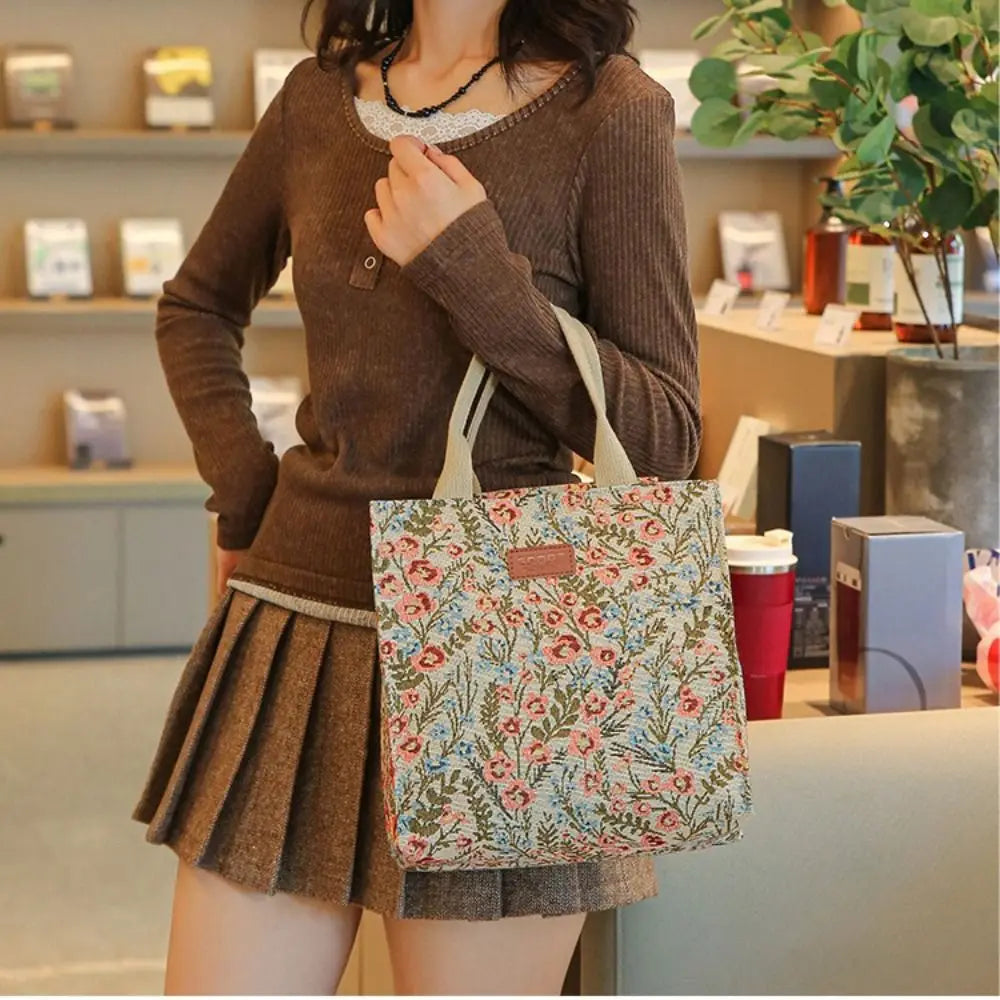 Fashion Handbag Floral Print Lunch Bag Large Capacity Thermal Thickened Thermal Insulation Bag Portable Ice Pack Women