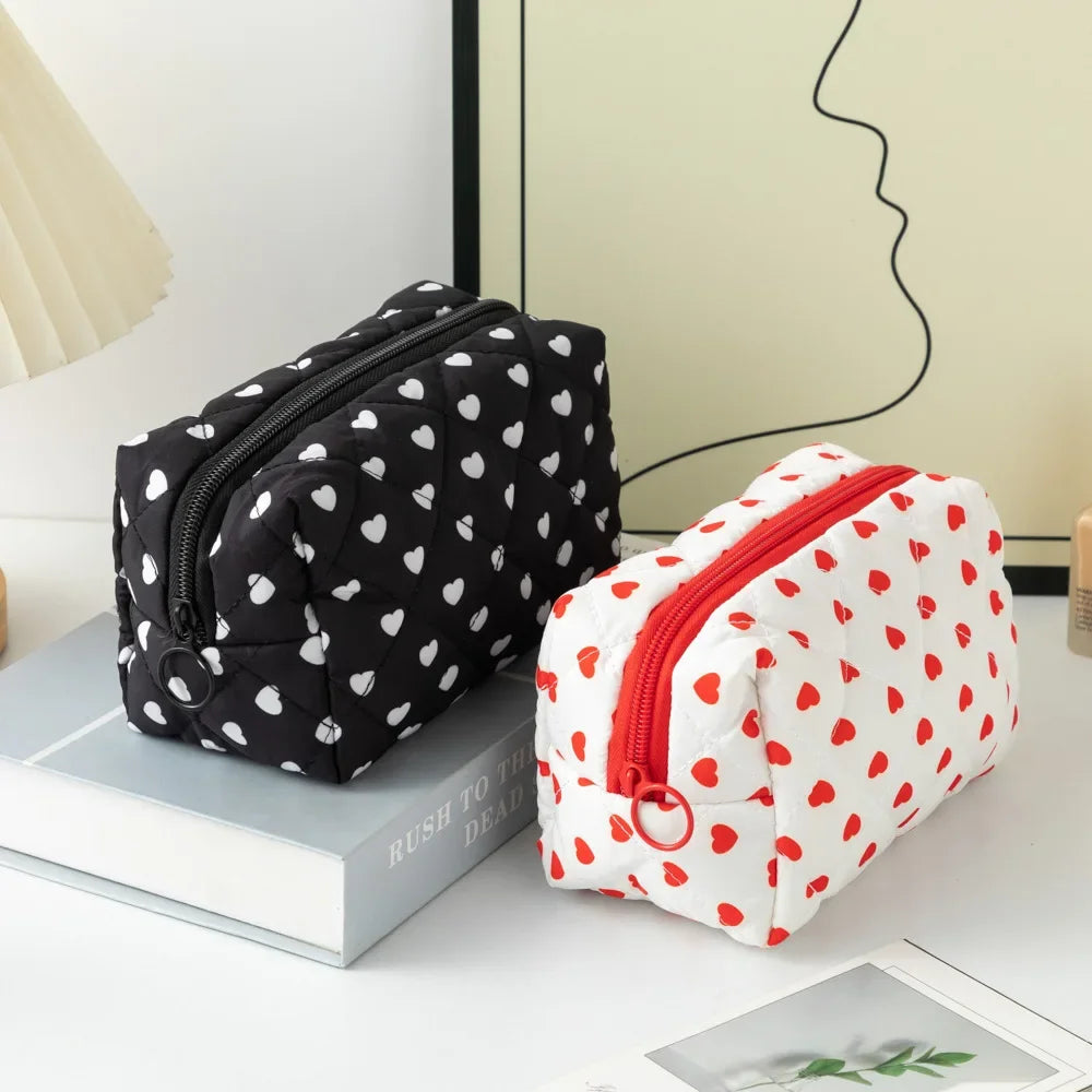 Cute Heart Print Cosmetic Bag Lipstick Brush Storage Bag Travel Toiletry Kit Women Kawaii Makeup Handbags Organizer Pouch Bags