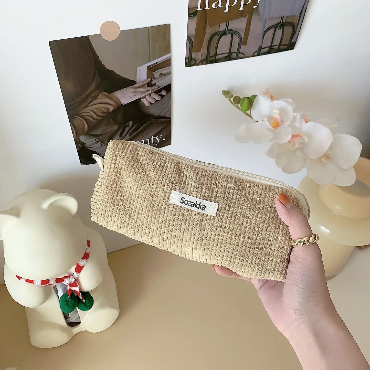 Korean Corduroy Cosmetic Bag Small Makeup Pouch Lady Portable Travel Toiletry Bag Makeup Organizer Student Cute Pencil Case