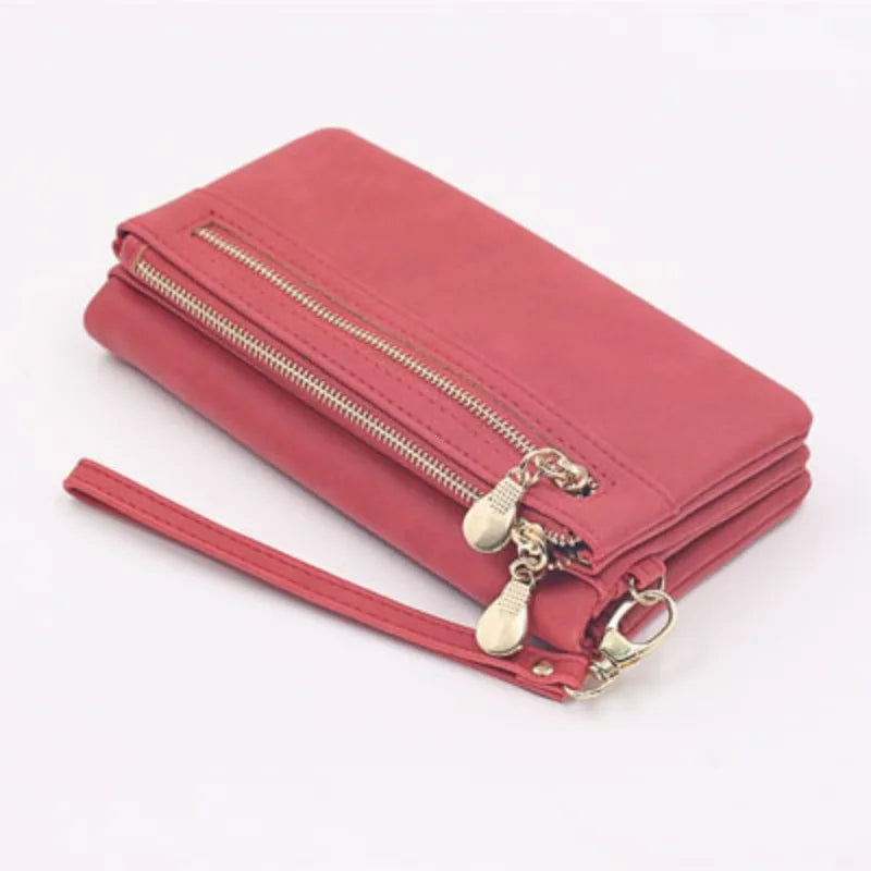 Large Capacity Women's Dull Polish Leather Wallet Double Zipper Clutch Wristlet Purse Phone Coin Card Holder Multi-pocket Wallet