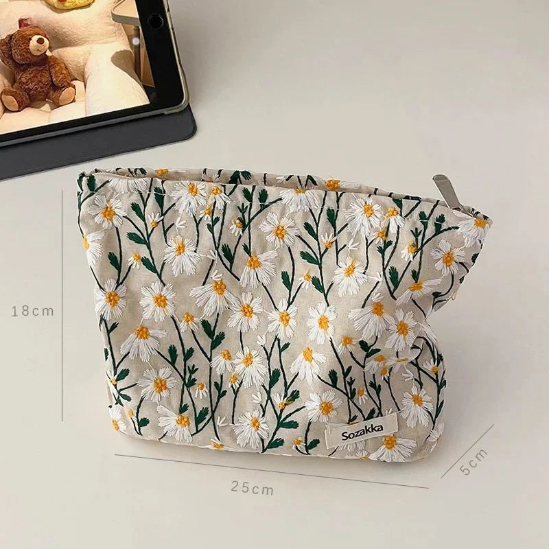 Cosmetic Bag Women Floral Makeup Case Organizer Korean Embroidery Cosmetic Pouch Travel Toiletry Bag Corduroy Canvas Beauty Case