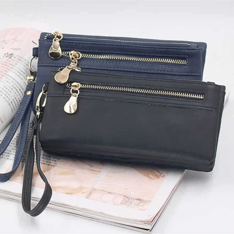 Large Capacity Women's Dull Polish Leather Wallet Double Zipper Clutch Wristlet Purse Phone Coin Card Holder Multi-pocket Wallet