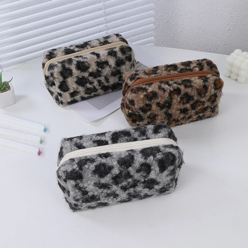 Leopard Print Soft Plush Travel Cosmetic Bag Lipstick Brush Toiletry Kit Storage Bag Women Makeup Handbags Organizer Pouch Bag