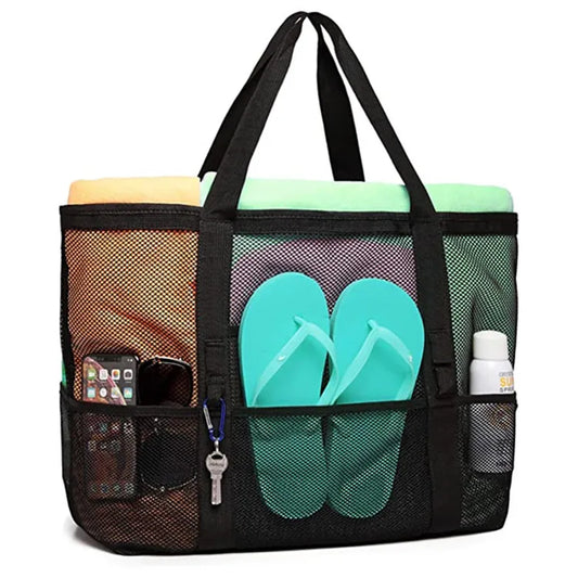 Large Mesh Beach Bag with 9 Pockets - Waterproof Tote for Towels, Toys, and Underwear