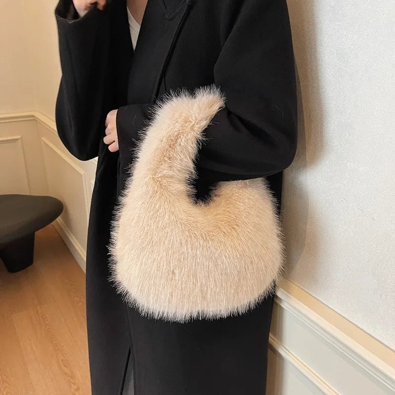 Winter Plush Handbag Women Fashion Fluffy Versatile Shoulder Hobo Bag