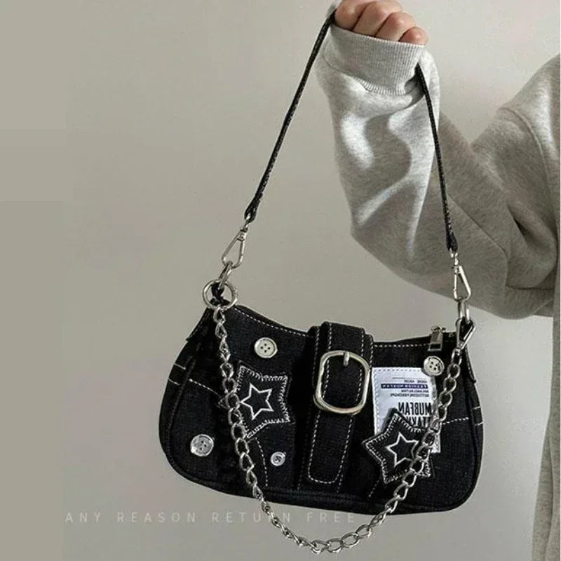 Y2K Star Pattern Canvas Shoulder Bag Chain Tote