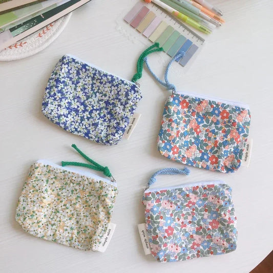 Summer Fresh Floral Print Cotton Coin Purse Mini Storage Small Cloth Bag Headphone Bag Travel Cosmetic Pouch Make Up Storage Bag