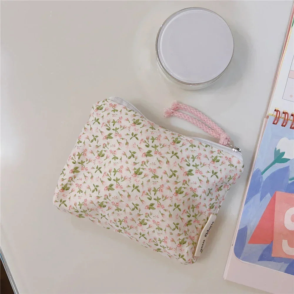 Fresh Pink Floral Cotton Cosmetic Bag Cute Mini Makeup Case for Lipstick Coin Purse card case and Earphone Storage