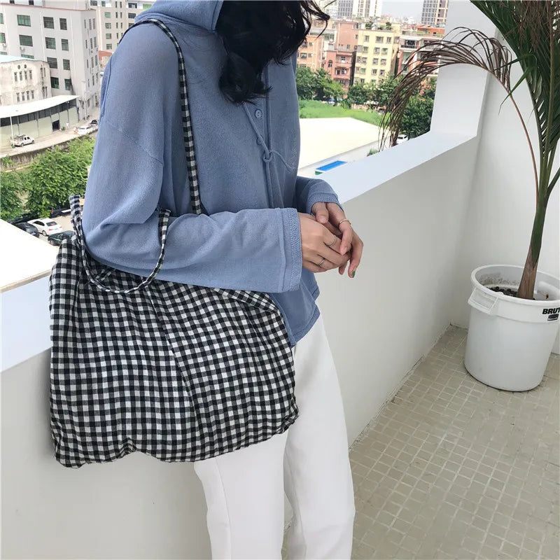 Plaid Canvas Tote Bag Large Capacity Double-sided Shoulder Handbag