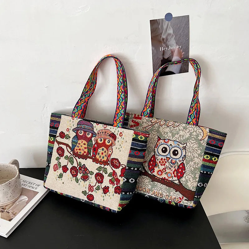 Boho Owl Elephant Pattern Linen Tote Bag