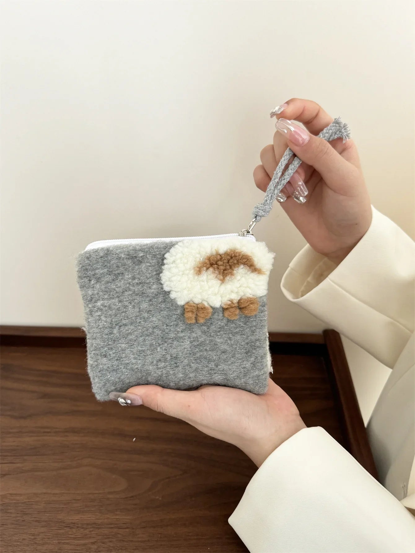 Grey Wool Makeup Bag Lamb Embroidered Cosmetic Organizer Travel Pouch