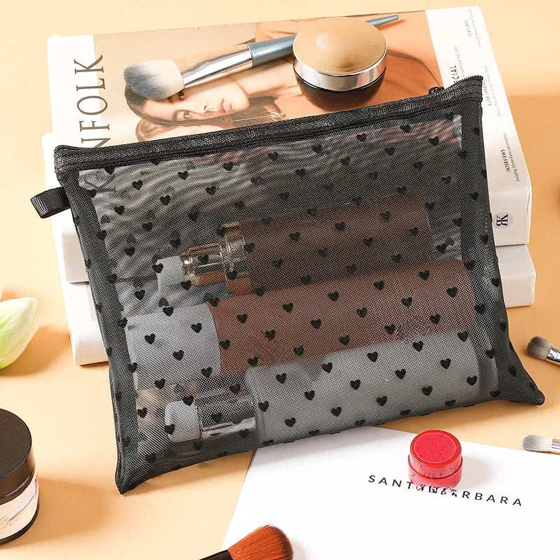 Nylon Mesh Cosmetic Bag Zipper Heart Shaped Toiletry Organizer Makeup Bags Multifunctional Women Girls Lipstick Coin Purse Pouch