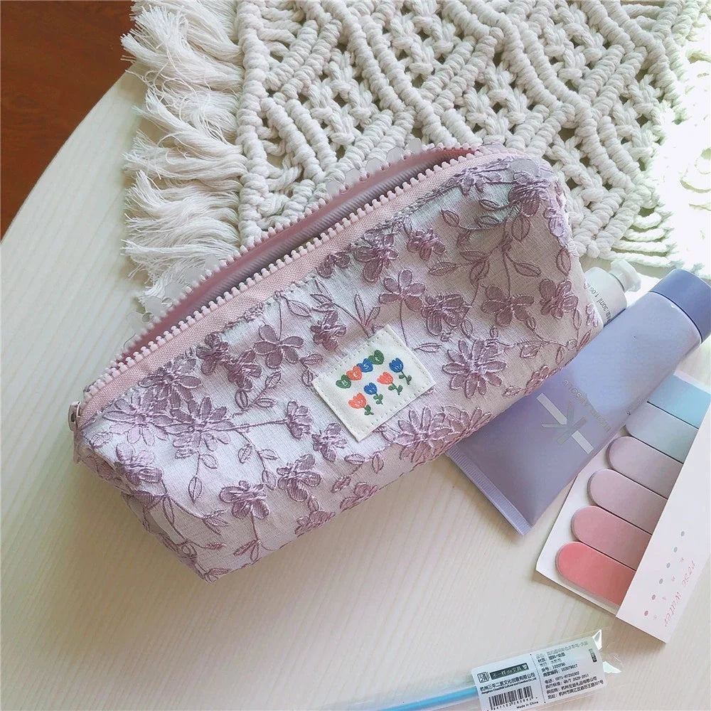 Korean Small Floral Cosmetic Bag For Women Mini Cute Makeup Cotton Fabric Toiletry Bag Pencil Case Organizer Pouch For Brushes